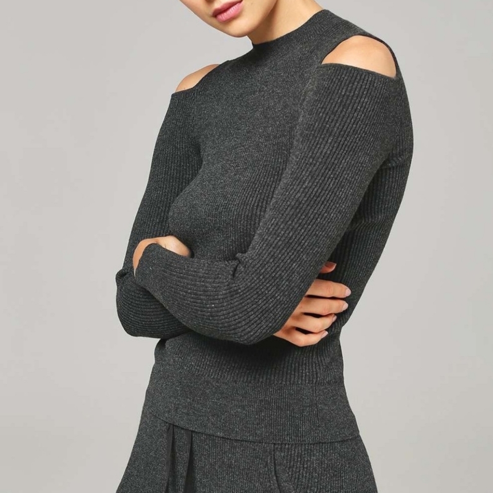 Ivy Park Cold Shoulder Sweater Charcoal Gray Ribbed Knit Long Sleeve Women’s XL